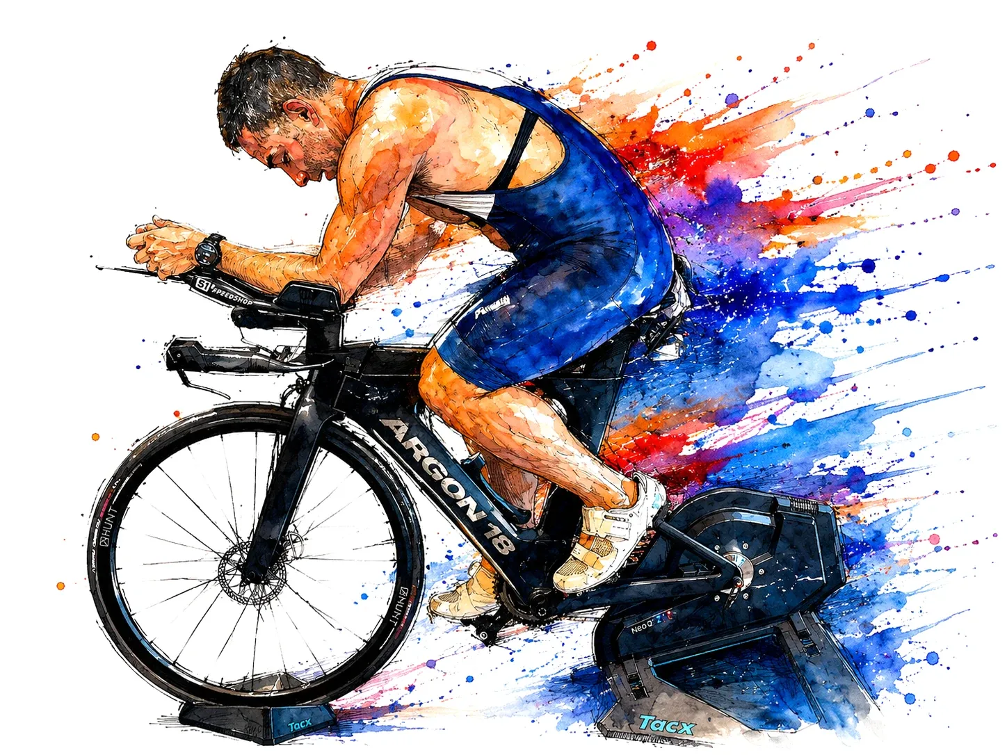 Watercolor of Eduardo in an aero tuck on a triathlon bike mounted on an indoor trainer